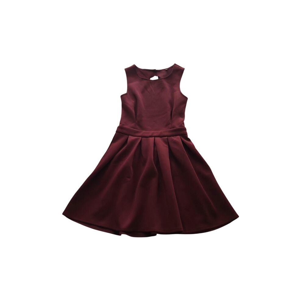 Dark Red Wine Cocktail Party Dress Scallop Back Cutout Pleated Skirt Size Small